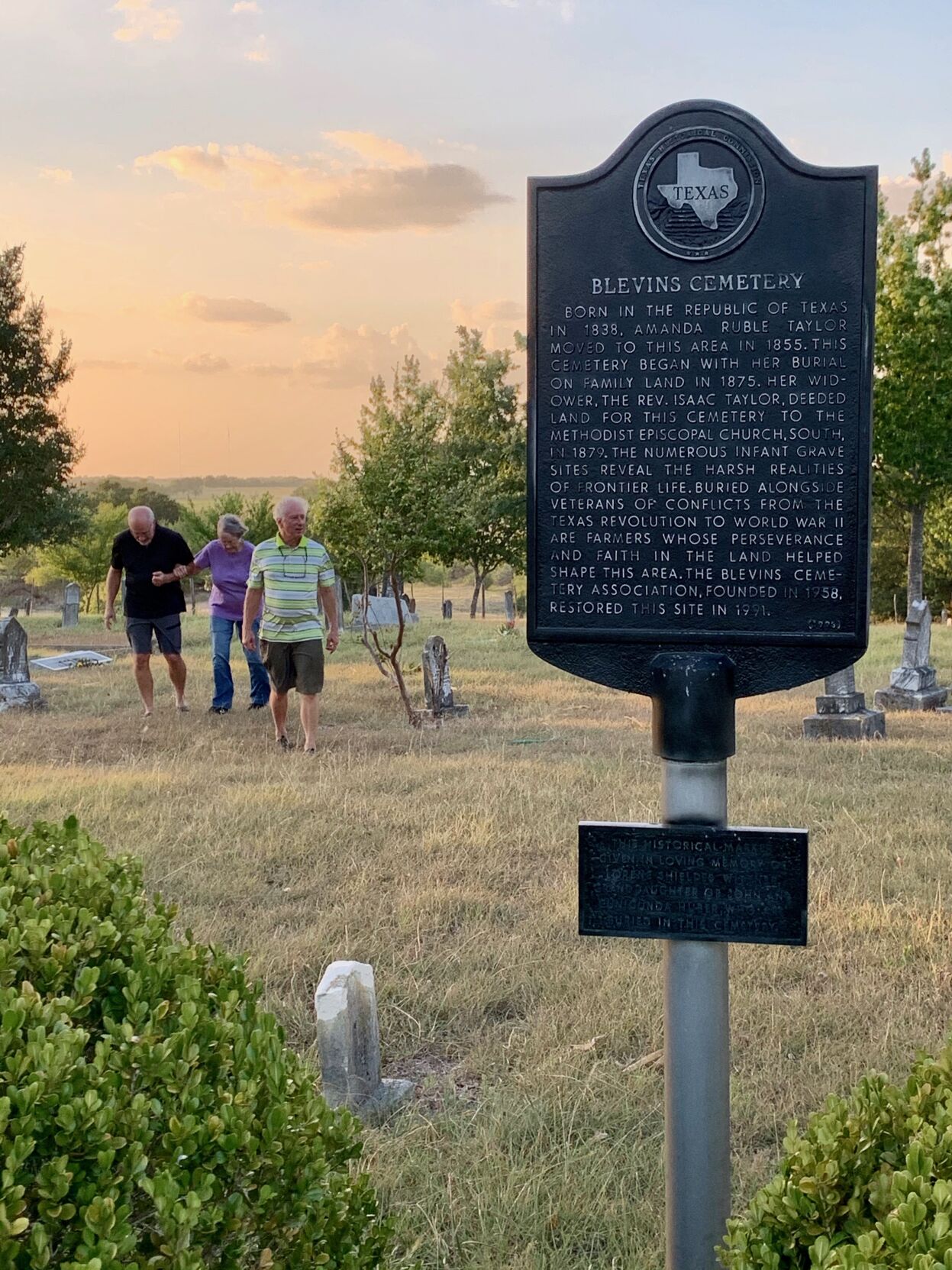 Blake Burleson, Burt Burleson, and Betty Burleson at Blevins Cemetery, August 2020.JPEG